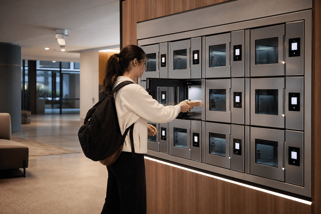 Refrigerated food delivery lockers installed in a modern office building lobby for employee meal pickup and food delivery storage