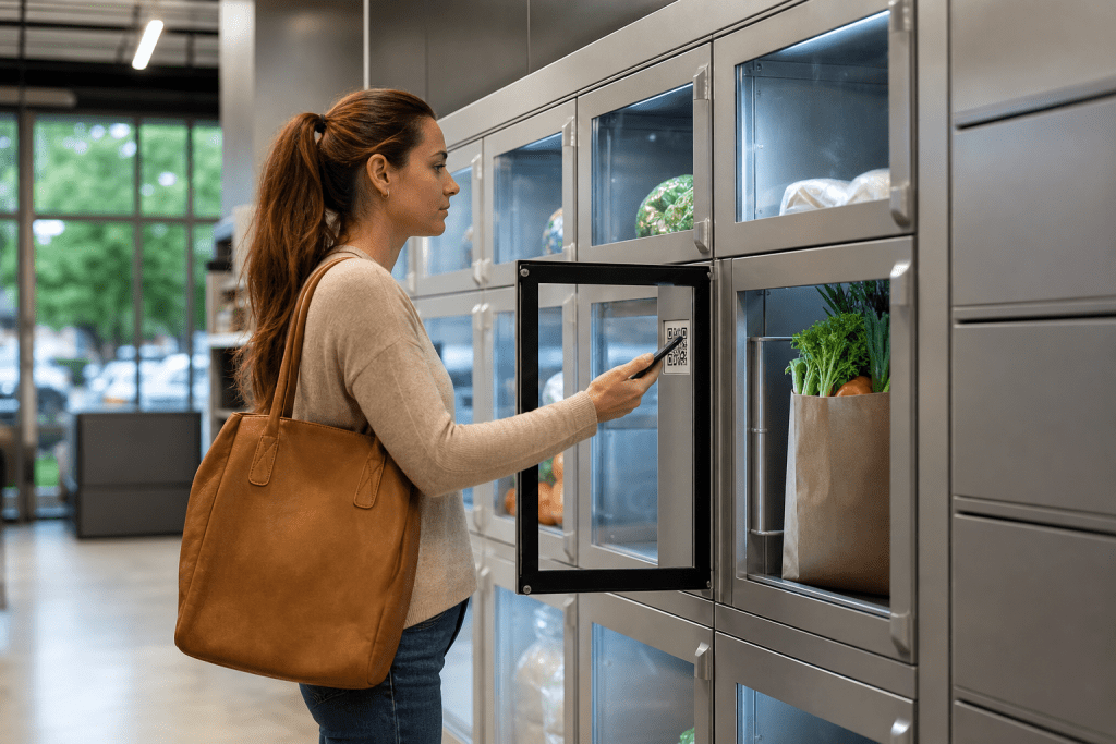 Customer using a refrigerated food locker at a grocery store pickup area to retrieve a temperature-controlled grocery order