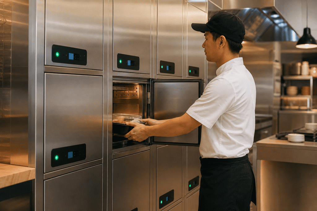 Commercial refrigerated food locker in a restaurant kitchen area used for meal pickup and delivery storage