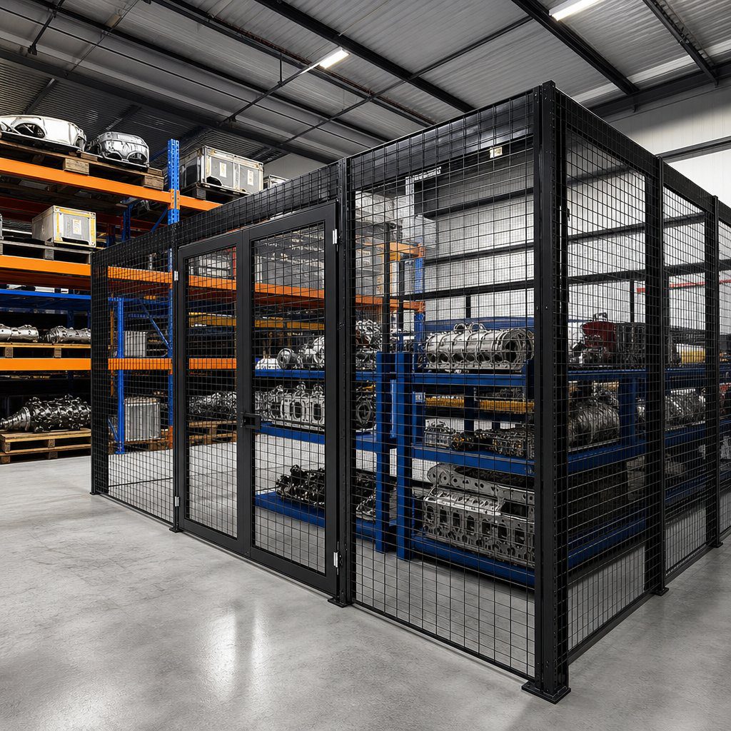Wire mesh security cage enclosing shelving of high-value automotive parts