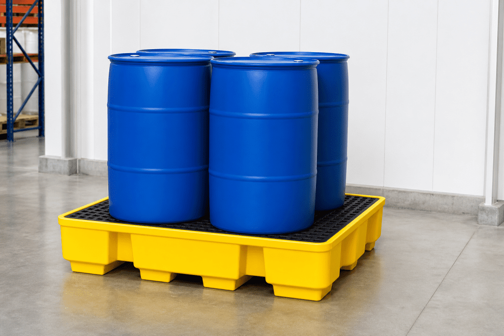 Spill containment pallet for drum storage in an industrial warehouse