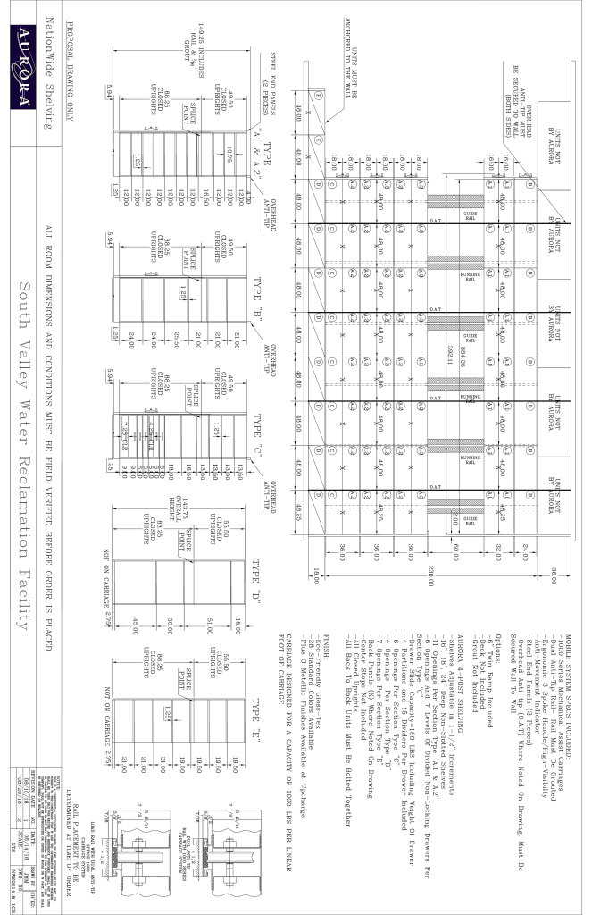 Floor plan layout drawing for mobile shelving at South Valley Water Reclamation Facility West Jordan Utah