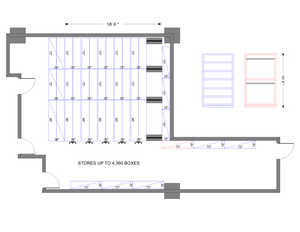 Project layout drawing for the Tecovas mobile shelving system showing carriage runs and a capacity of up to 4,360 boxes