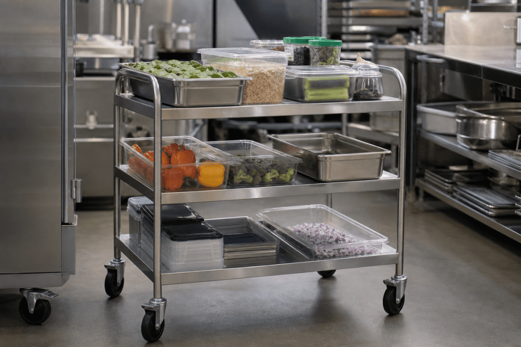 Three-shelf stainless steel utility cart with food prep supplies in a commercial kitchen environment
