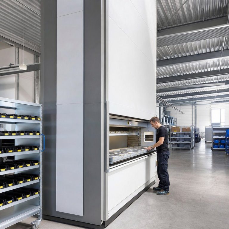 Vertical lift module automated storage and retrieval system in a warehouse