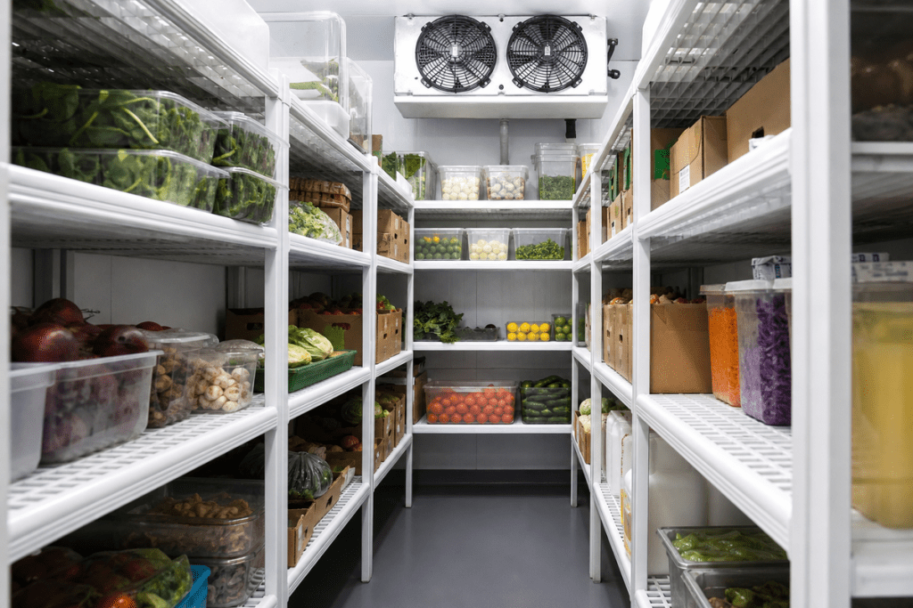 Walk-in cooler interior with white polymer shelving units holding organized produce boxes and food containers