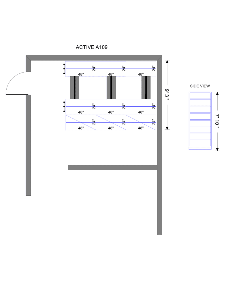 Floor plan layout drawing of a mobile shelving installation, shown as an example of a large-format sheet