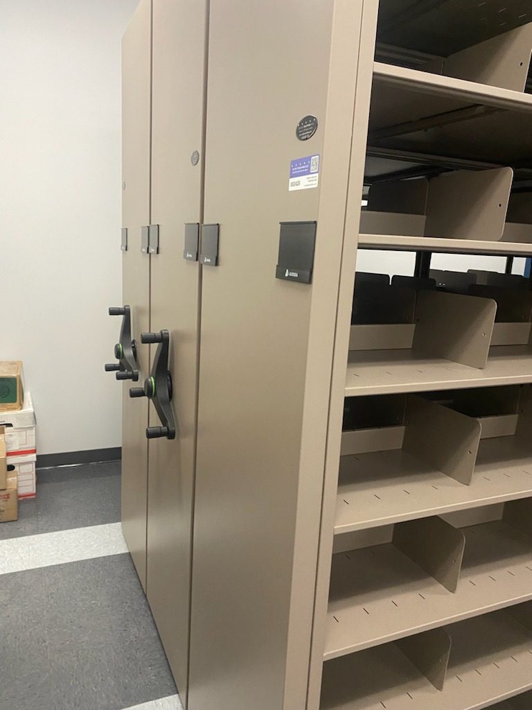 Mobile shelving evidence room wide view at Weslaco Police Department