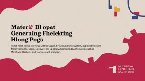A stylized graphic with abstract red shapes and fragmented text resembling a design template. The text is mostly garbled, with “Material Bl opet Generaing Fhelekting Hllong Pog$” as the main headline. Material Higling logo is in the corner.