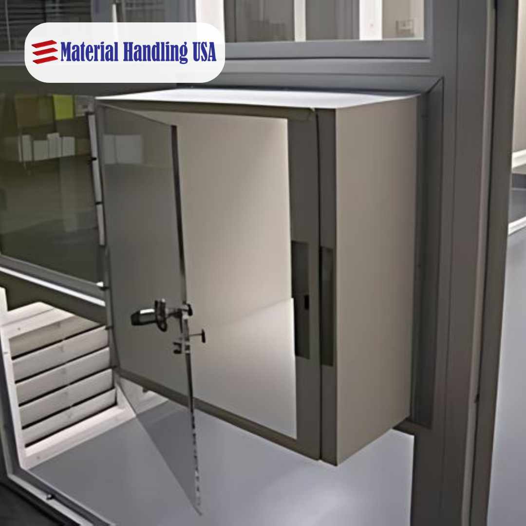 Cleanroom pass-through detail on a modular cleanroom wall