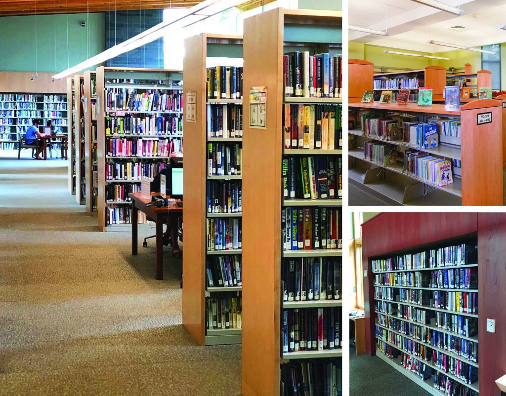 Cantilever library shelving for book and media storage
