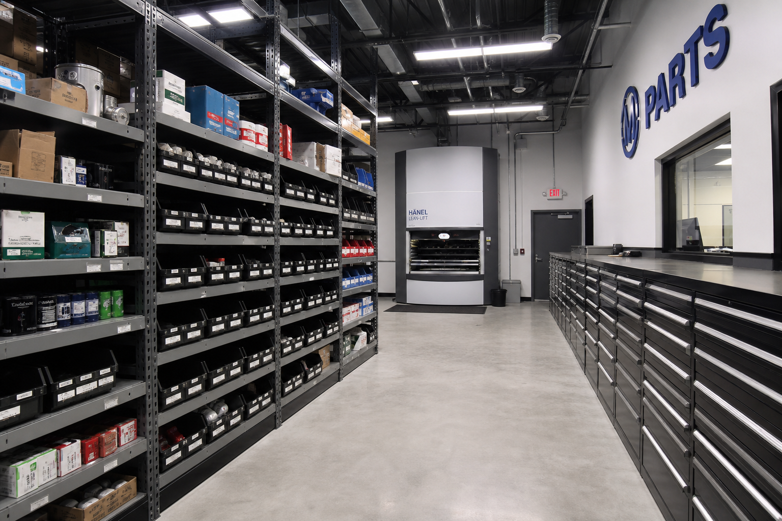Organized dealership parts department with steel shelving