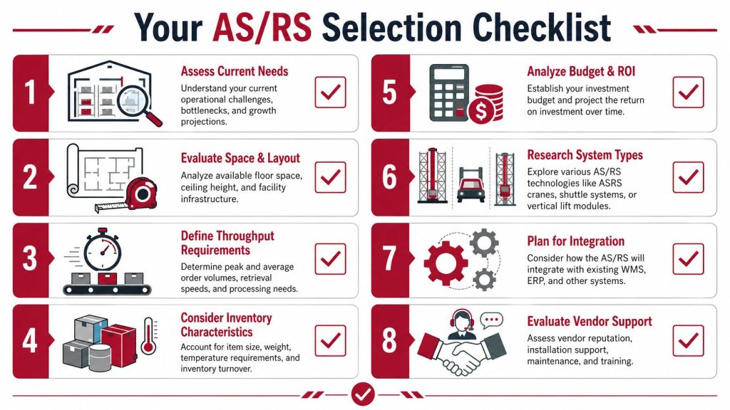 An infographic checklist with eight steps for planning and implementing automated storage and retrieval systems.
