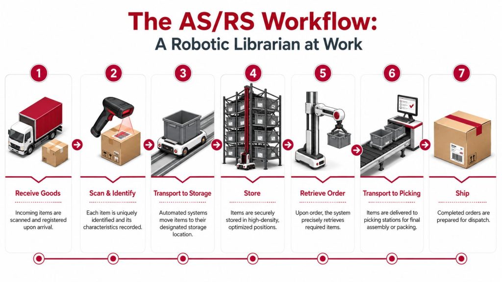 A workflow diagram showing the seven-step process of an automated storage and retrieval system in a warehouse.