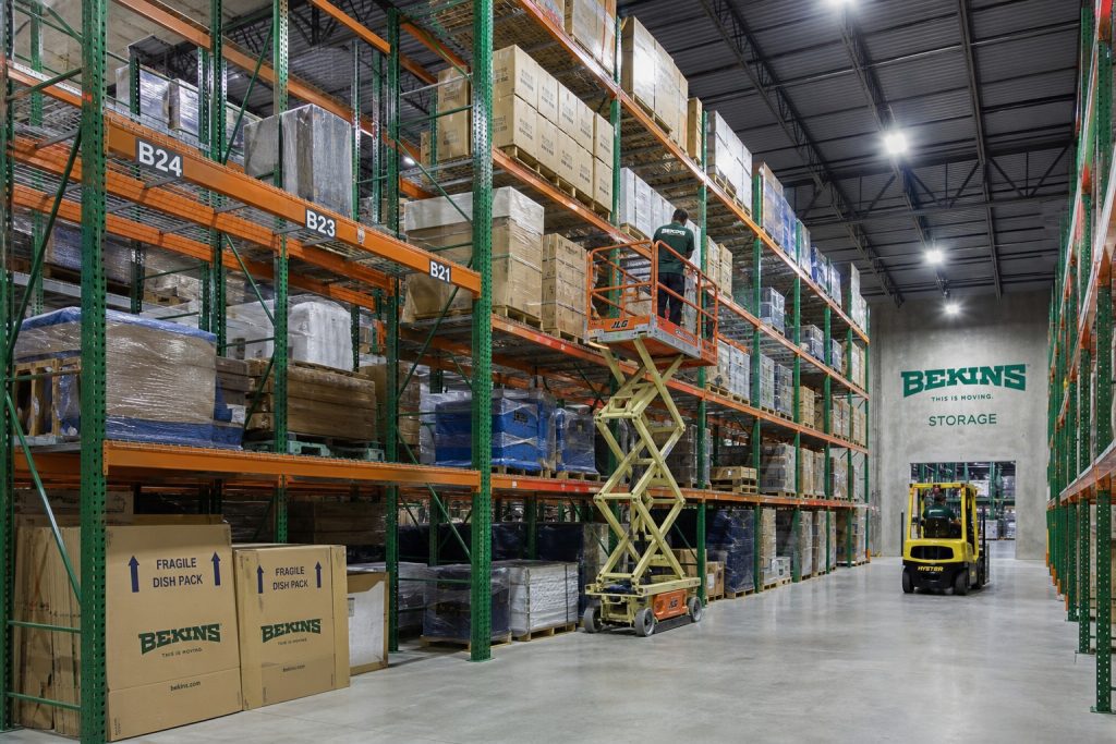 Conceptual illustration of a moving and storage warehouse with pallet rack for household goods storage