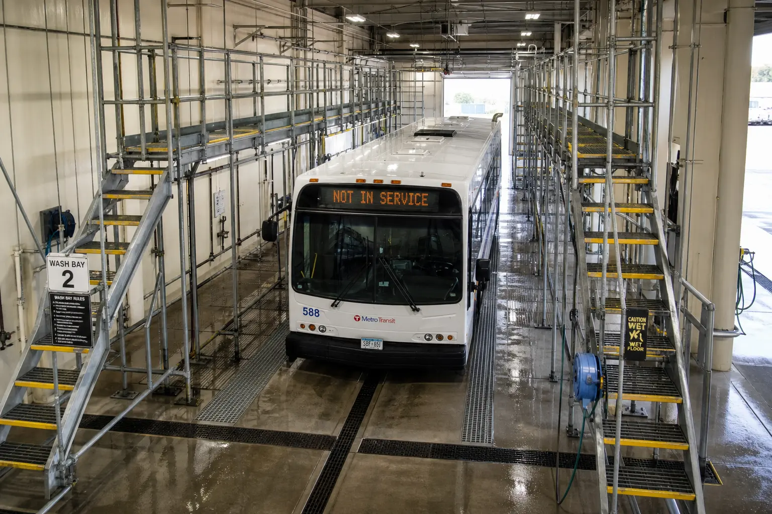 Bus wash bay scaffolding platforms