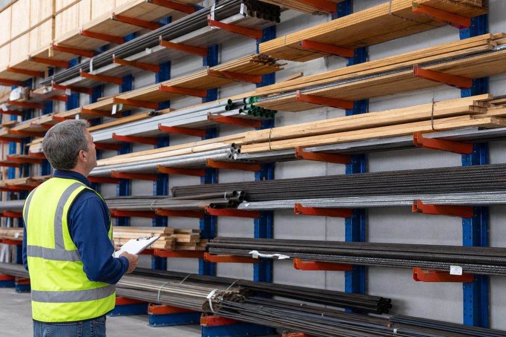 Warehouse manager inspecting cantilever rack loaded with lumber and pipe