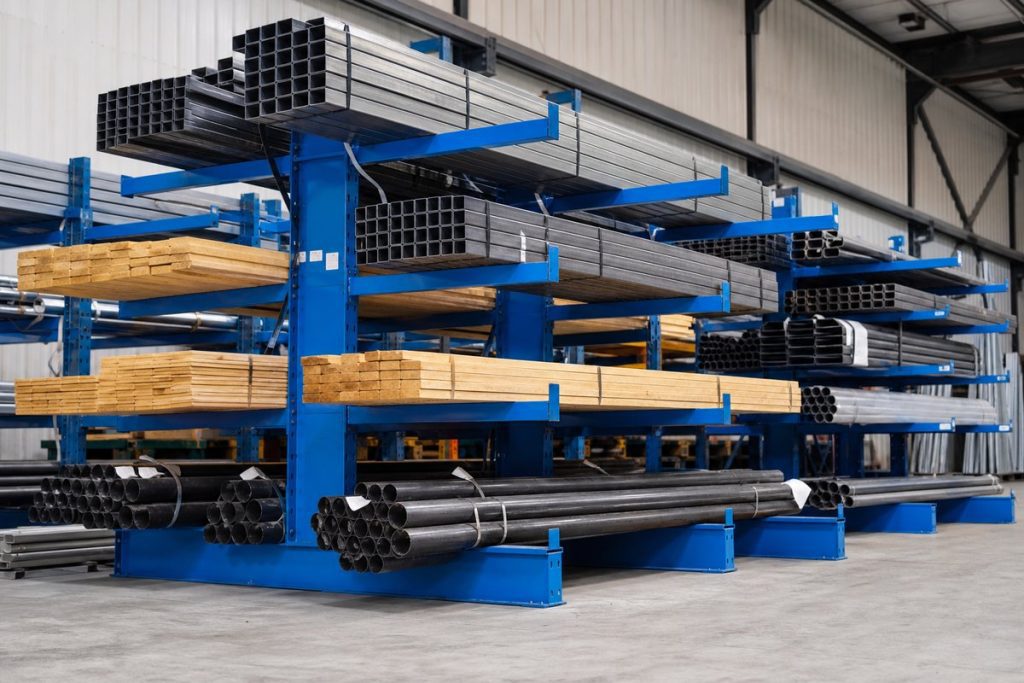 Cantilever rack with organized materials at different arm levels