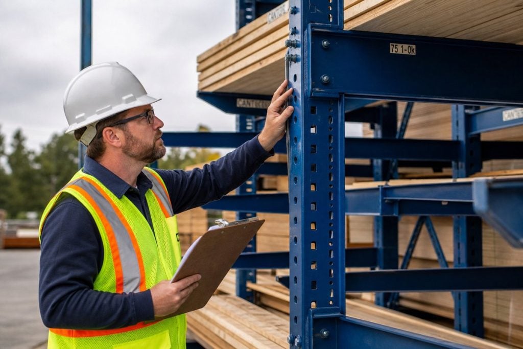 Inspector examining cantilever rack arm connections