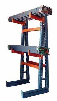 Cantilever racking system storing lumber and building materials in a warehouse