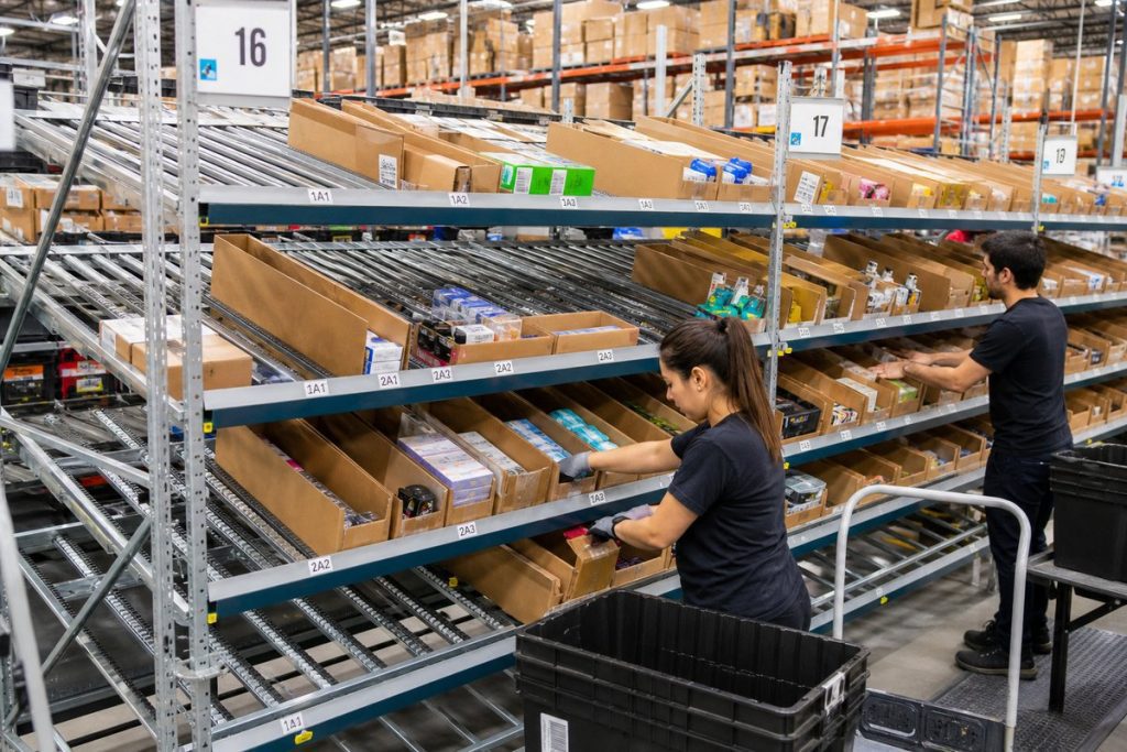 Carton flow rack in e-commerce fulfillment center with workers picking orders