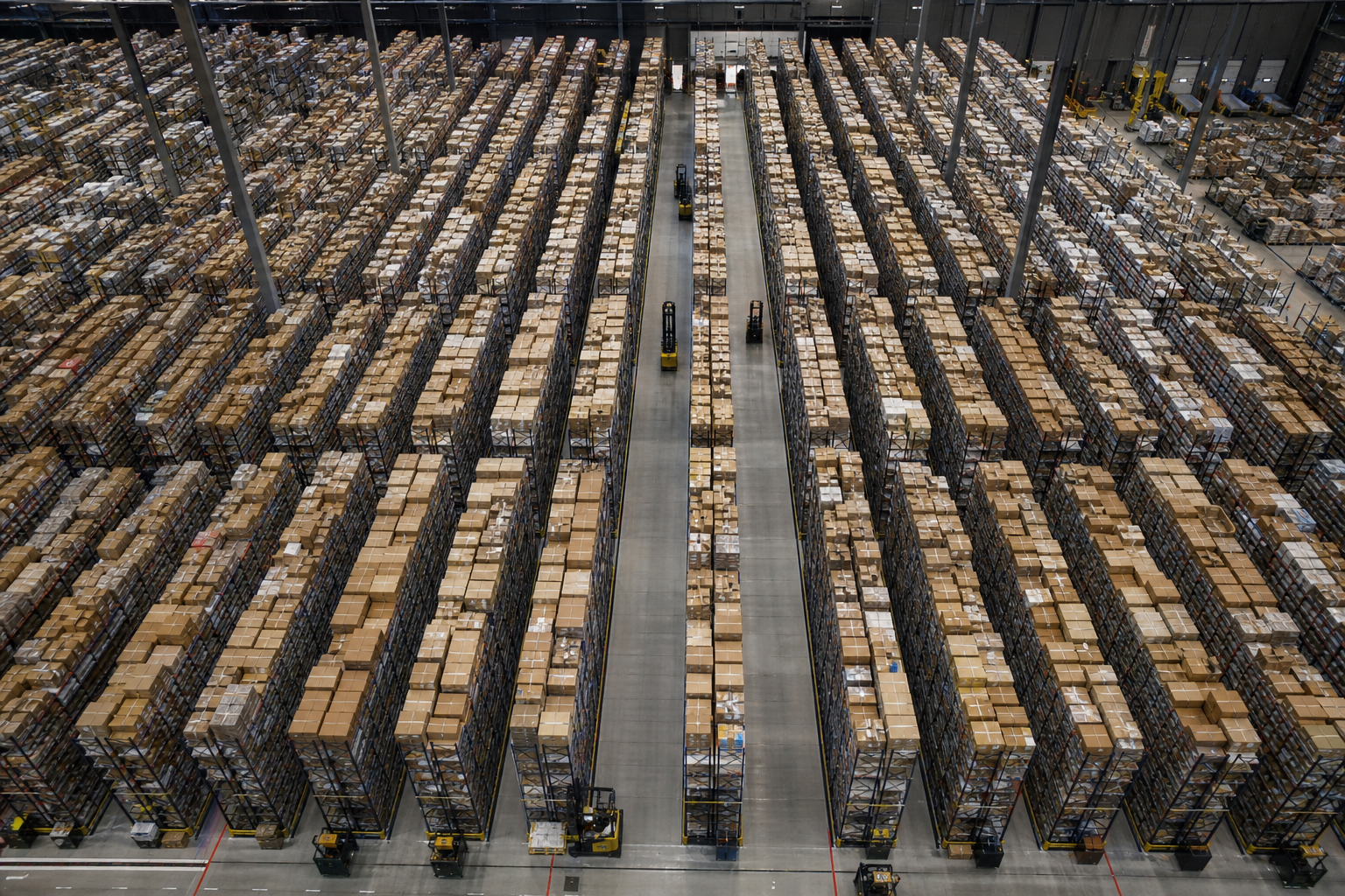 Large warehouse with hundreds of pallet rack bays