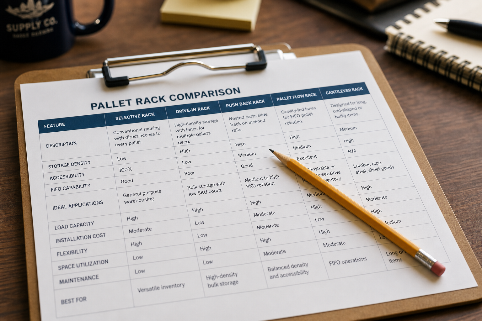 Different types of pallet rack in warehouse