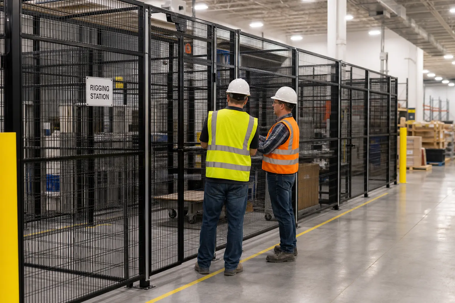 Two warehouse workers standing at a wire mesh cage aisle inside a distribution branch