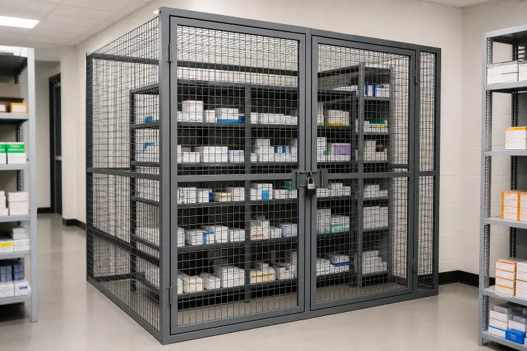 DEA drug storage cage with a fully enclosed mesh top and self-locking door