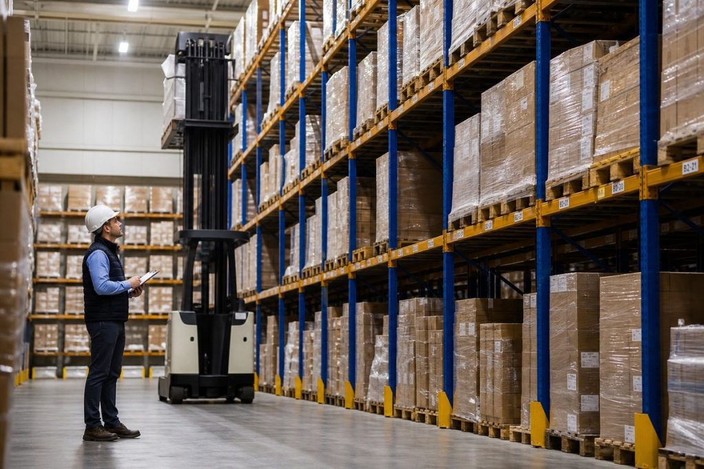 Warehouse manager examining double deep pallet rack