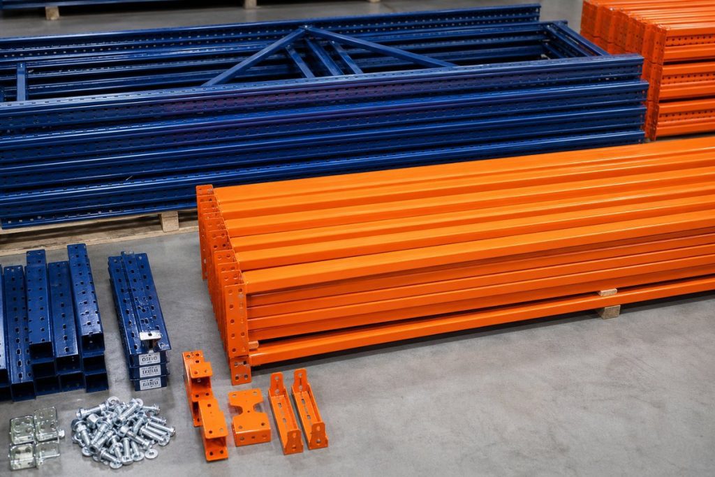 Double deep pallet rack componentsand hardware