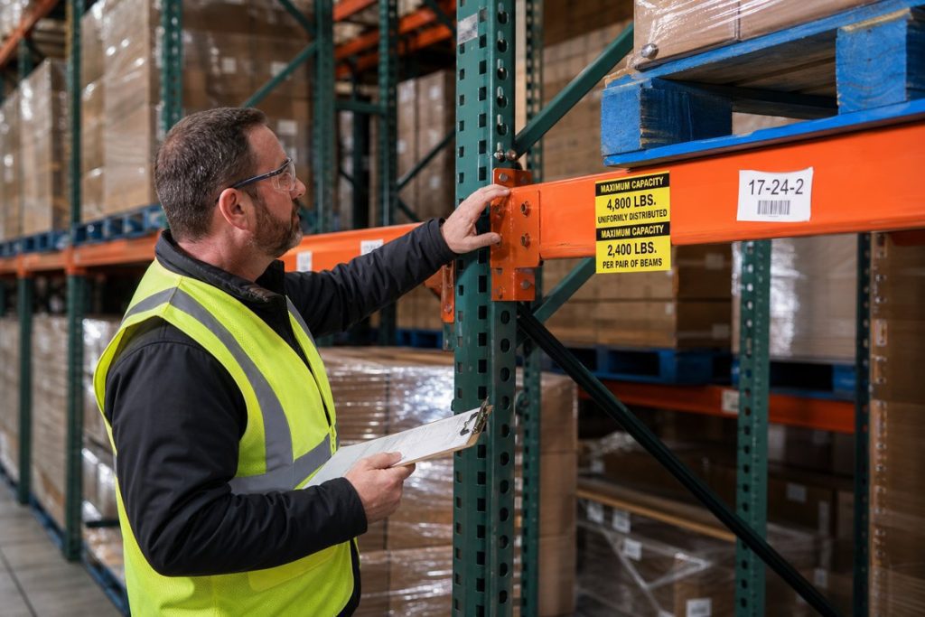 Safety inspector checking double deep pallet rack