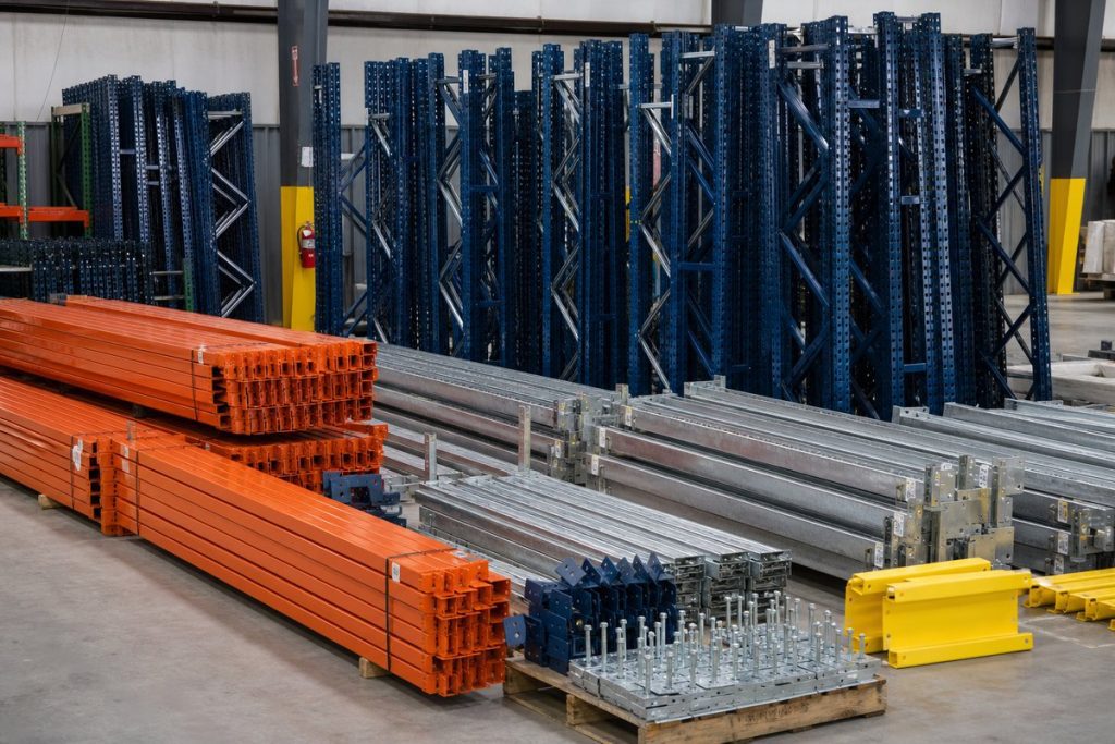 Drive-in pallet rack components staged for installation