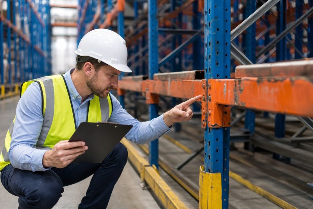 Worker inspecting drive-in pallet rack for damage