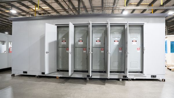 Interior of a modular equipment enclosure with electrical panels