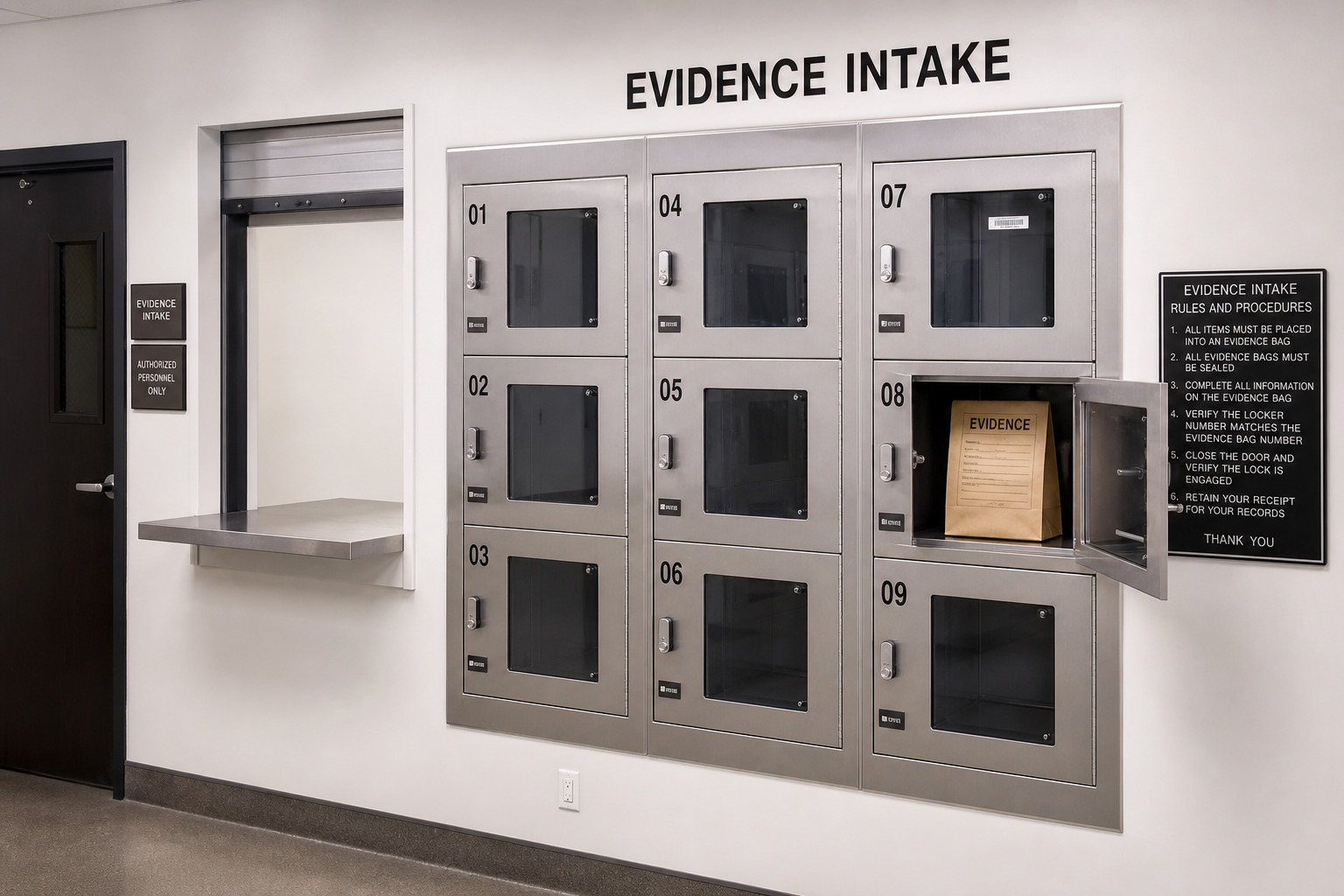 Evidence intake pass-through lockers