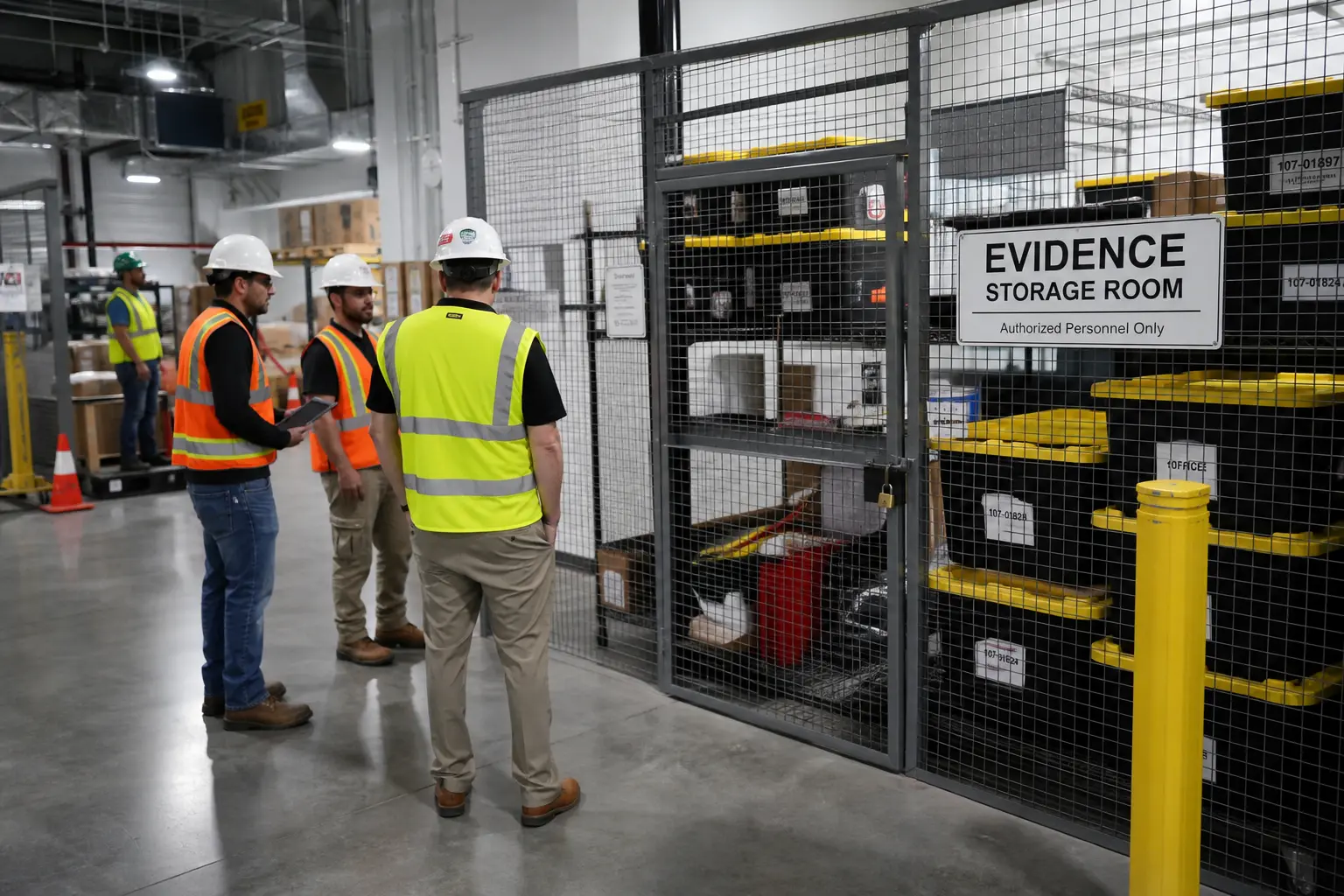 Evidence Storage Room With Labeled Bins In Wire Cage - professional view 3