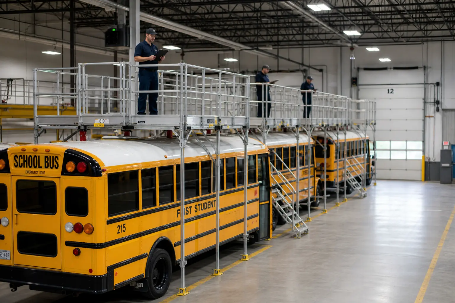 School bus fleet maintenance scaffolding platform