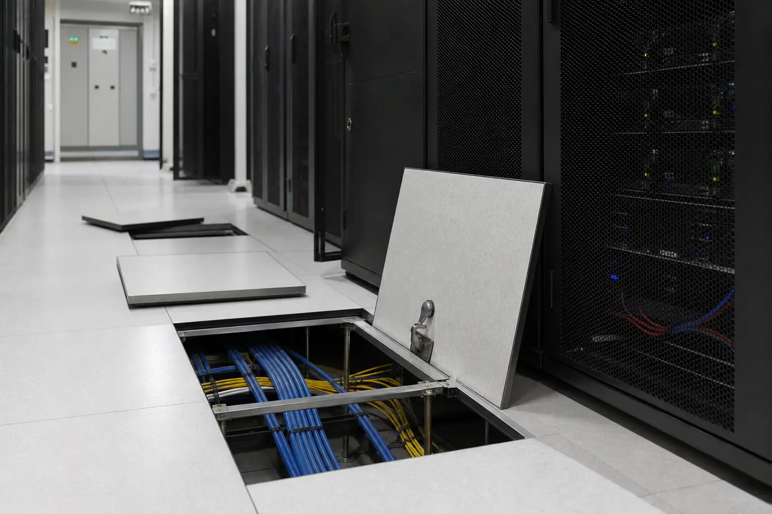 Raised access floor panel lifted to reveal cabling routed beneath a data center floor