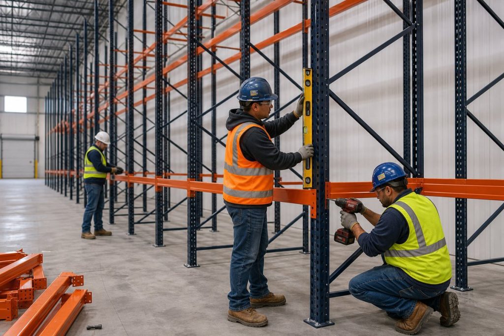 Installation crew assembling pallet rack uprights and beams in a Utah warehouse