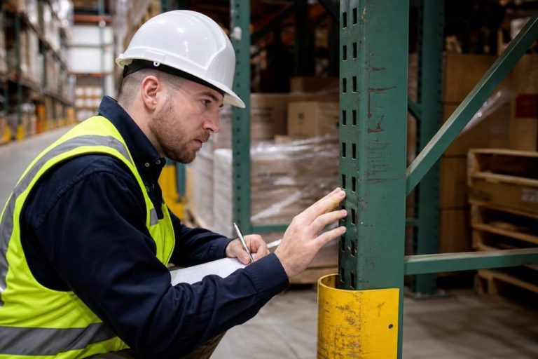 Inspector examining pallet rack uprights for damage