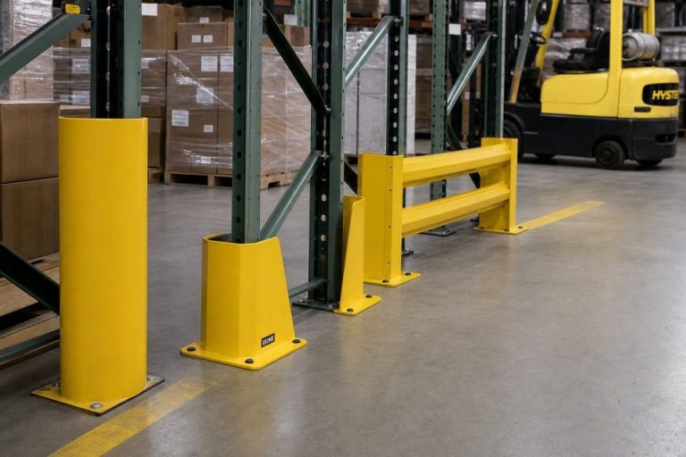 Yellow pallet rack column protectors and end-of-aisle guards