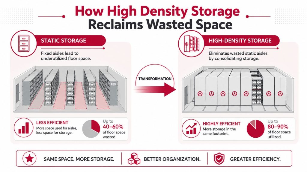 A diagram illustrating how high density mobile shelving systems reclaim wasted floor space compared to static storage.