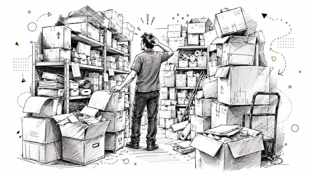 A man in a warehouse standing amidst many cardboard boxes, looking overwhelmed by disorganized file storage.