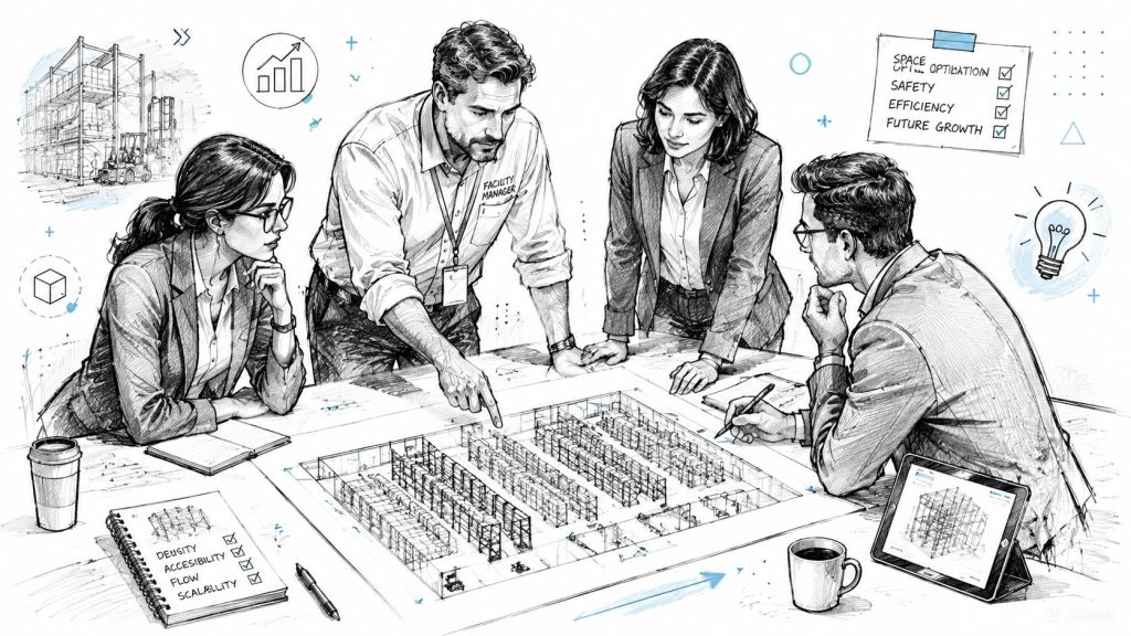 A professional team of business people planning a high-density warehouse storage facility layout on a large table.