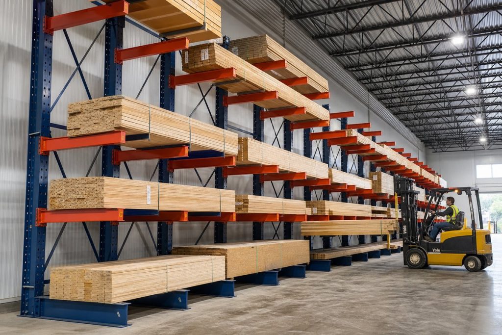 How cantilever rack works — forklift lumber onto horizontal arms extending from vertical columns
