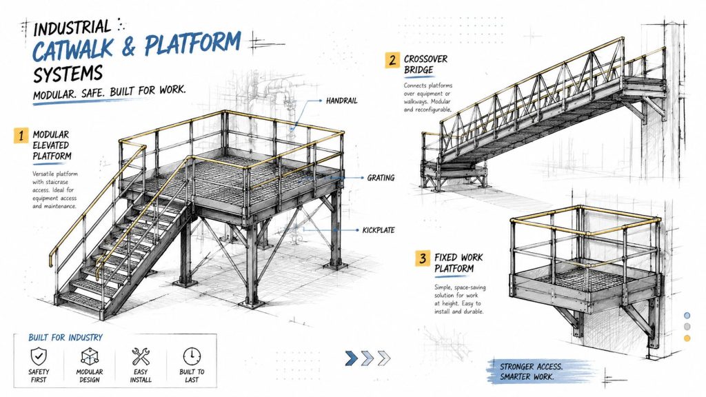 An industrial design illustration showing modular catwalk and platform systems including elevated platforms and crossover bridges.
