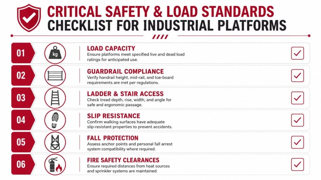 A safety checklist infographic listing six critical standards for industrial platforms and equipment compliance.