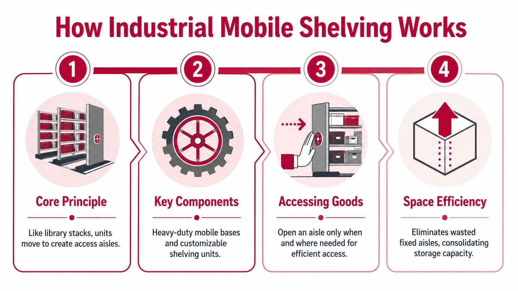 A four-step infographic illustrating how industrial mobile shelving systems move to create aisles and save space.