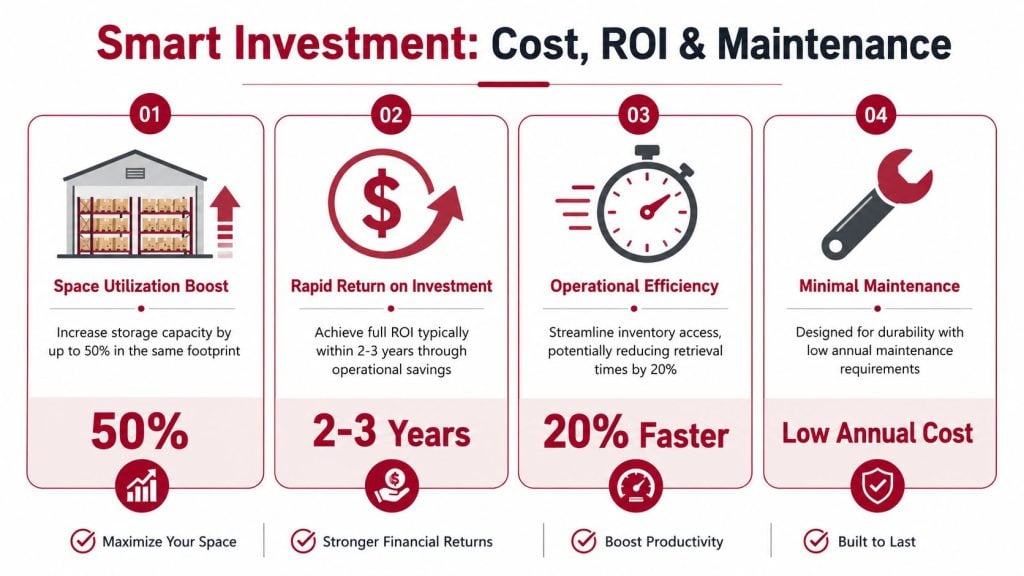 An infographic titled Smart Investment showing the benefits of warehouse storage optimization including increased space, ROI, and efficiency.